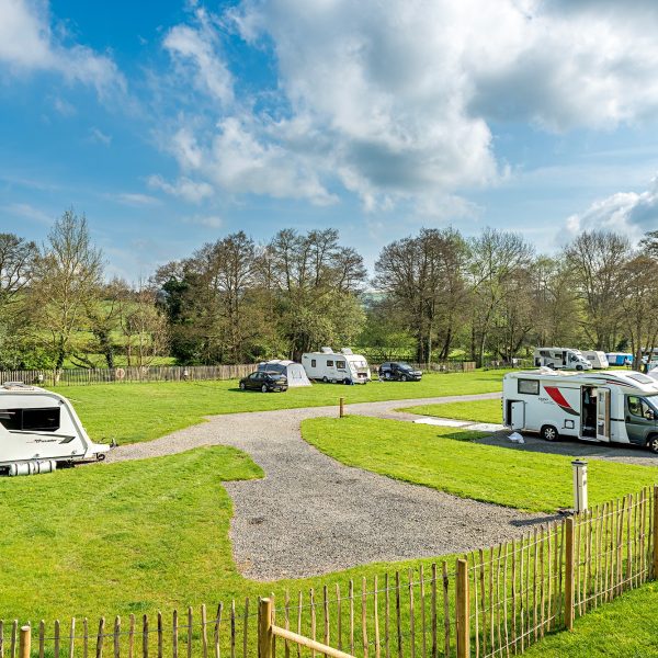 Campsite with caravans and greenery.