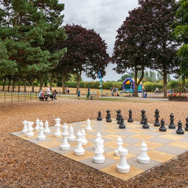 Giant chess set in park setting.