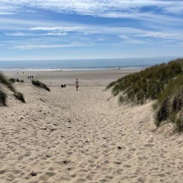 Sandy beach with gentle dunes and sea.